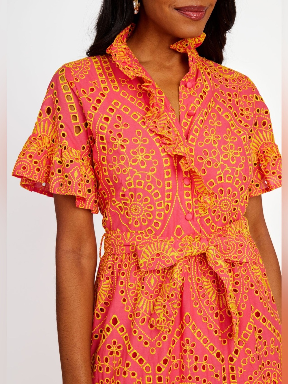 NWT Abbey Glass Sadie Maxi Dress Coral and Yellow Eyelet Sz L - Picture 2 of 13